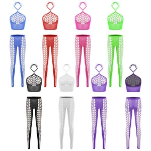 Womens Fishnet Halter Crop Top And Pantyhose Tights Hollow Out Sheer Nightclub - Picture 1 of 75