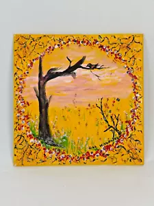 Waiting for Spring 20th c American Folk Art Bird Flowers Tree Painting on Wood - Picture 1 of 7
