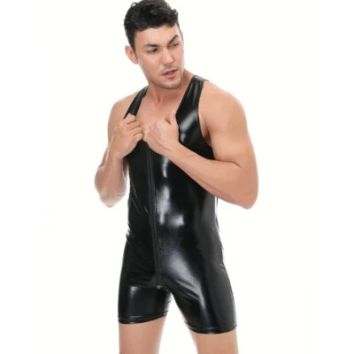 Men Sleeveless Faux Leather Zipper Cross Crotch Catsuits Shiny Costume - Image 1 of 4