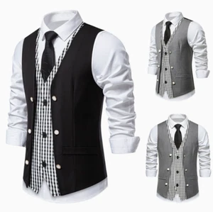 Check Men's Vest Wedding Party V-neck Double Breasted Fake Two-Piece Suit Vests - Picture 1 of 6
