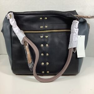 OrYany Womens Large Leather Tote Handbag Black/Grey Braided Zipper Pulls/Studs
