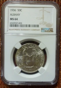 1936 ALBANY, NEW YORK, CHARTER, SILVER COMMEMORATIVE HALF DOLLAR, NGC, MS 64 - Picture 1 of 14