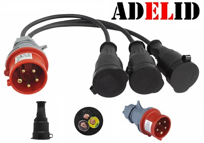 CEE Adapter Starkstrom 16A Stecker auf 3x 230V Gummi Kupplung 3x3500W - Bild 1 von 4