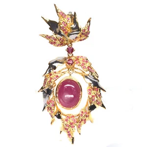 12 X 16 mm. Pink Ruby With Sapphire Pendant Silver 925 Sterling 18K Gold Plated - Picture 1 of 5