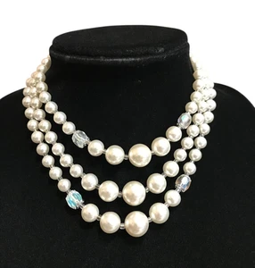 Japan Vintage Grob Multi Strang Faux Perle AB Kristall Perlen Halskette 3 Strang - Bild 1 von 5