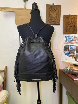 Victoria's Secret Drawstring Blk Faux Leather Backpack Fringe Cinch Bag Bookbag - Image 1 of 4