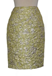 St John Knits 3D Floral Jacquard Pencil Skirt Yellow Silver Sz 2 NWOT - Picture 1 of 4