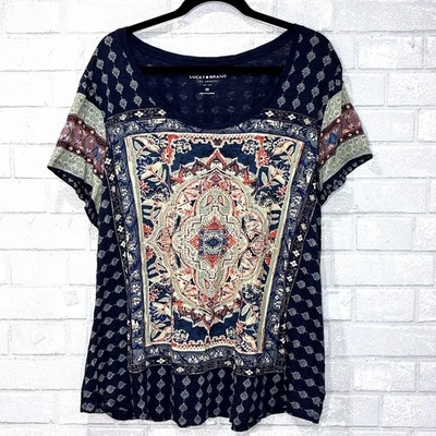 Lucky Brand Boho Print Mandala Top Women 3X Short Sleeves Lightweight Boho Artsy - Image 1 of 4