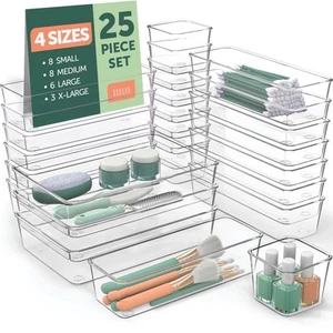 25PCS Clear Plastic Drawer Organizers Set 4 Sizes Clear Drawer Organizers stora - Picture 1 of 9