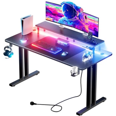 Gaming Tisch mit LED, Gaming Schreibtisch mit 3 Steckdosen & Monitorständer - Bild 1 von 4