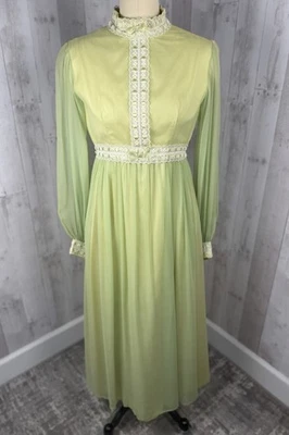 Vestido Vintage Años 70 Lorrie Deb Seda Gasa Superpuesto ~ Verde Boda Baile de graduación Maxi S/2 Foto 1 de 4