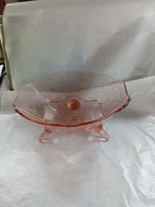 Vtg 3 Footed Lancaster Jubilee Pink Depression Glass Floral Etched Bowl 1930's - Picture 1 of 1
