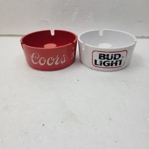 Set of 2 Vintage Coors Beer & Bud Lite Plastic Ashtrays 1 Red & 1 White Bar Used - Picture 1 of 5