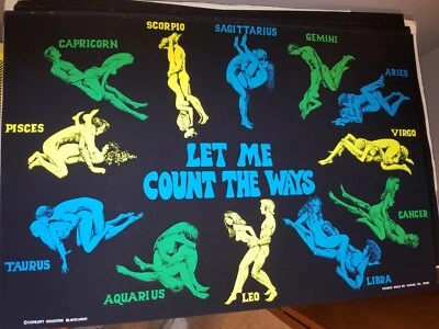 LET ME COUNT THE WAYS VINTAGE 1971 BLACKLIGHT HEADSHOP POSTER ZODIAC LOVE SIGNS - Image 1 of 4