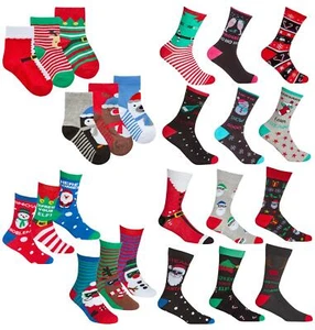 Family Christmas Socks Babies Kids Adults Cotton Rich Novelty Xmas Sock 6 Pair - Picture 1 of 35