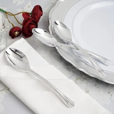 25 pk Plastic SILVER SPOONS Disposable Party Tableware Light Gray Catering - Imagem 1 de 4