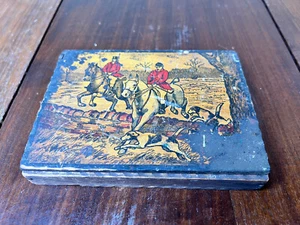 1930’s ENGLISH HUNTING SCENE WOODEN BOX ANTIQUE ART BOX RED COATS RARE HORSES - Picture 1 of 22