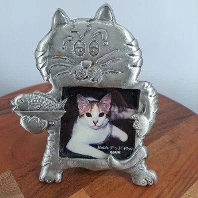 Marco de fotos de peltre de gato con peces en bandeja para fotos 3x3 Ganz ED3761 Taiwán Foto 1 de 4
