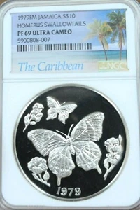 1979 JAMAICA SILVER 10 DOLLARS HOMERUS SWALLOWTAILS NGC PF 69 ULTRA CAMEO SCARCE - Picture 1 of 4