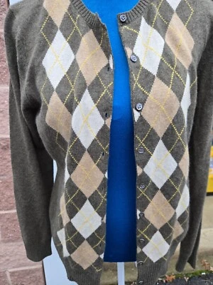 TWEEDS 2 Ply Cashmere Cardigan Sweater Olive Green Golf Argyle Checks Sz M Basic - Image 1 of 4