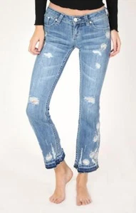 Grace in LA Women's Floral Embroidered Distressed Cropped Bootcut Stretch Jeans - Picture 1 of 31