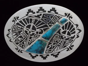 High Grade Natural Cloud Mountain Turquoise Belt Buckle By Cecil Ashley - Picture 1 of 2