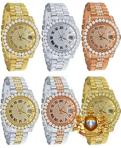 Mens 18K Gold Solid Stainless Steel Simulated Diamonds Presidential Watch 41mm - Picture 1 of 42