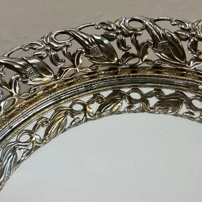 VTG Gold Silver Filigree Vanity Mirror Tray w Feet or To Hang On Wall Round 5.5” - Image 1 of 4