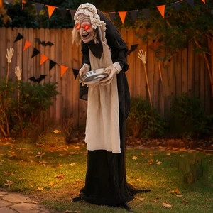 Hivvago Espeluznante Animado Halloween Vieja Dama con Candy Bowl Decoración 5.2FT - Imagen 1 de 3