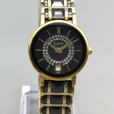 Elgin Watch Womens 25mm Gold Tone Black Dial Crystals Bracelet New Battery 7" - Image 1 of 4