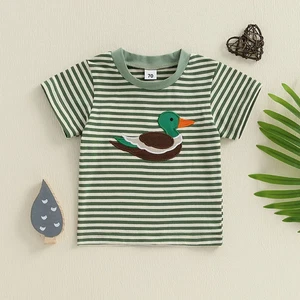 Cute Baby Boy Cotton T-Shirt with Dinosaur Applique Short Sleeve round Neck Stri - Picture 1 of 6