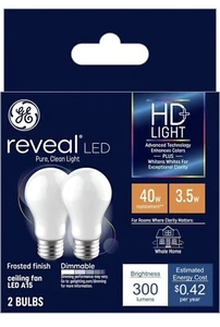 GE Reveal LED HD+ Light 40W A15 Ceiling Fan Bulb (2 Bulbs) Frosted Finish  - Picture 1 of 2