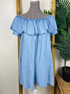 Zara Chambray Blue Denim Ruffle Off The Shoulder Dress With Pockets Size M - Picture 1 of 9