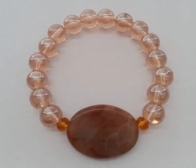 NEW OVAL AGATE &  10MM HONEY GOLD GLASS BEADED BRACELET, BUY ANY 2 GET 3RD FREE - Image 1 of 3