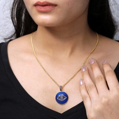 Ciondolo malocchio diamante pavè zaffiro pietra preziosa argento 925 oro 14 c... - Immagine 1 di 4