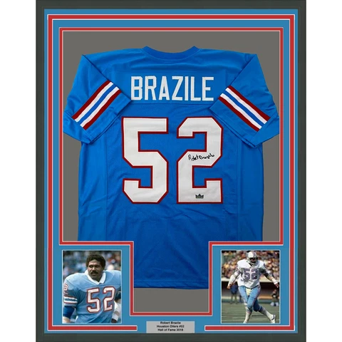 Framed Facsimile Autographed Robert Brazile 33x42 Blue Reprint Laser Auto Jersey Cover