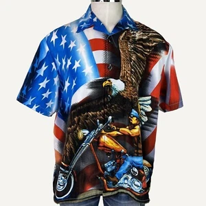 Camisa patriótica vintage para hombre XL zafiro estampado por todas partes motociclista bandera de Estados Unidos motocicleta - Imagen 1 de 6