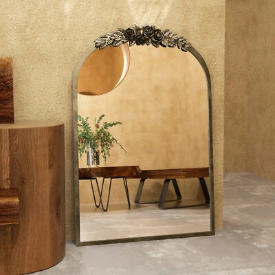 Wisfor Arched Bathroom Wall Mirror Vintage Art Mirror with Flower Relief Frame - Image 1 of 4