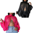 Womens Chiffon Sheer Cape Cover Up Mock Neck Tie Up Long Sleeve Blouse Tops