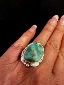 Size 7 Native American Navajo Signed Fox Turquoise Sterling Silver Ring  - Picture 1 of 12