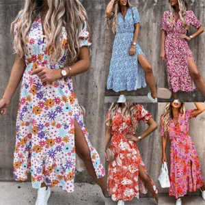 Womens Boho V-Neck Floral Midi Dress Summer Short Sleeve Beach Party Sundress # - Picture 1 of 28