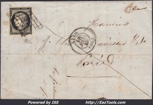 FRANCE CERES N°3 SUR LETTRE AVEC GRILLE + CAD TYPE 15 LYON DU 16/07/1849 - Picture 1 of 2
