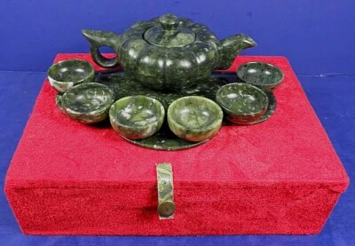 SMALL VINTAGE CHINESE CARVED SPINACH GREEN HARDSTONE TEA SERVICE - Image 1 of 4