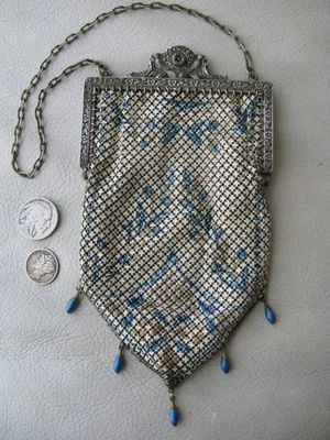 Antique Silver Bird Floral Frame Teal Blue White Enamel Chain Mail Mesh Purse - Image 1 of 4