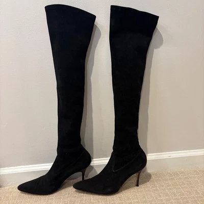 Manolo Blahnik Botas Sobre la Rodilla Negro Gamuza Punta Tacones Diseñador Talla 39 Foto 1 de 4