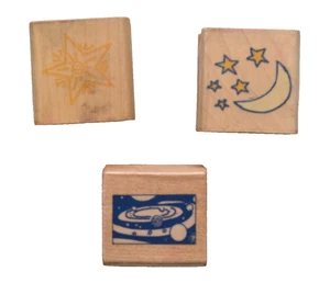 Set of 3 Moon, Star, and Space Wooden Block Mounted Rubber Stamps - Picture 1 of 9