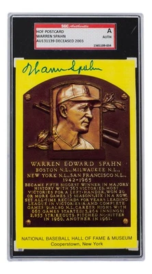 Warren Spahn Signed Slabbed Milwaukee Braves Hall of Fame Plaque Postcard SGC - Image 1 of 4