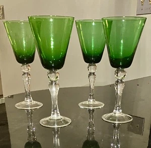 Vintage Green Cut to Clear Crystal Cordial Glass Set 4 Emerald Long Stemmed Bell - Picture 1 of 6