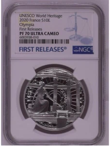 NGC PF70 France 2020 UNESCO World Heritage Olympia Silver Coin 10 Euro COA - Picture 1 of 2