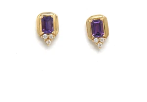 Authentic 14k  Yellow  Gold,  Amethyst, Diamond  Earring - Picture 1 of 6